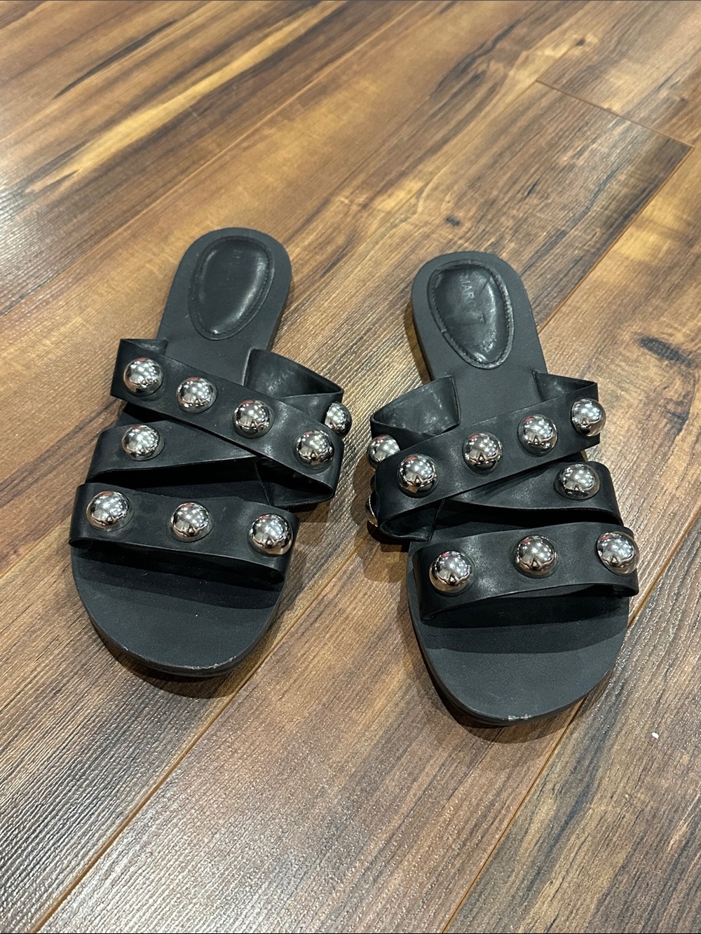 Black Slide Sandals with Silver Studs - Picture 3 of 5